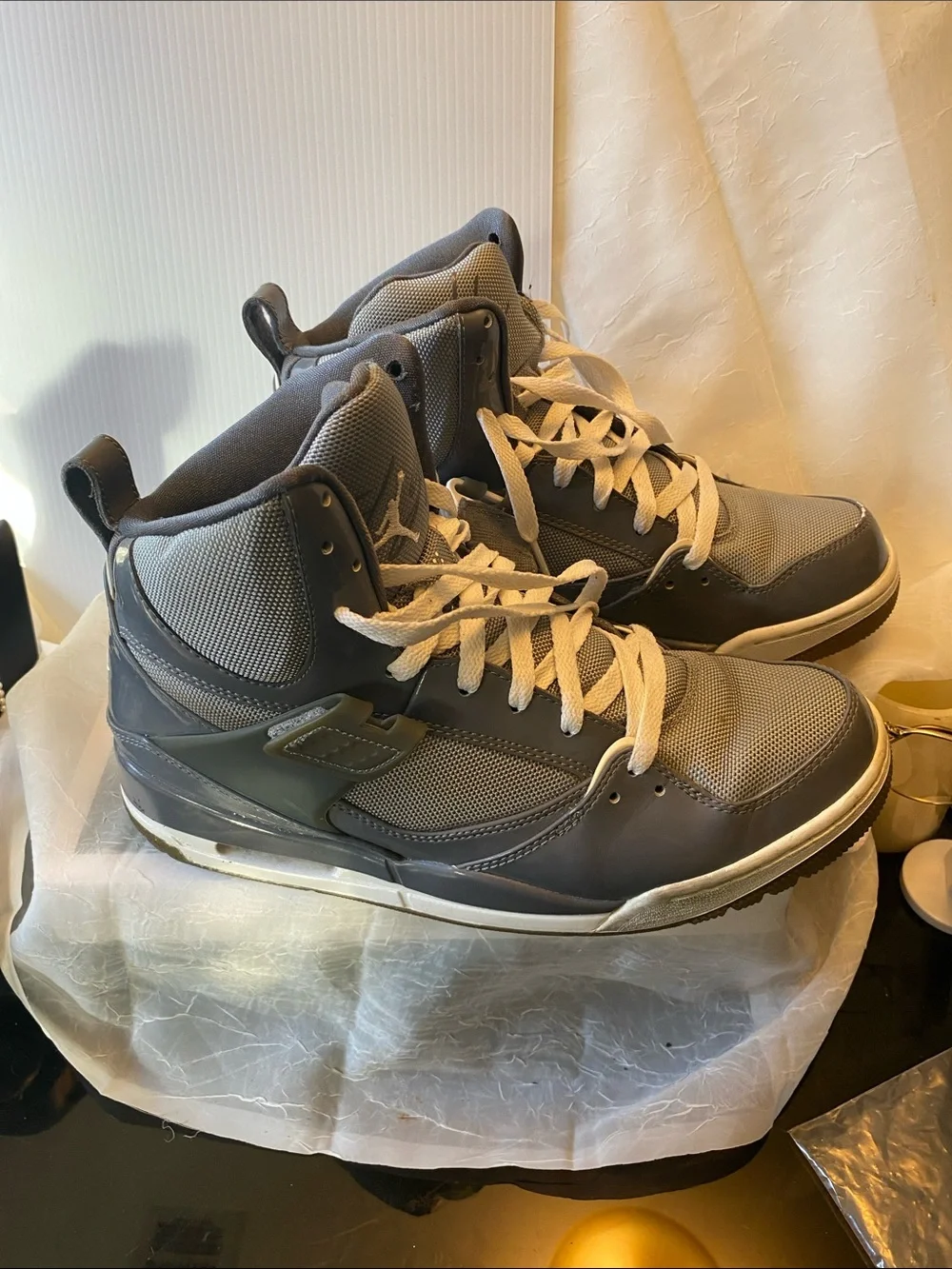 Jordan Men's Grey High-Top Sneakers with White Laces